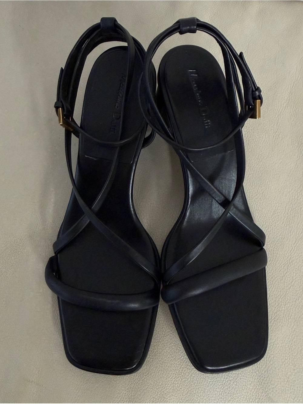 Massimo Dutti Black Leather Strappy Square-Toe Sandals, size 10